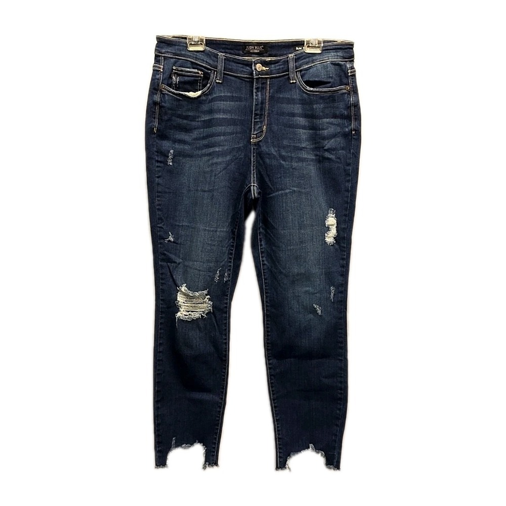 Judy Blue Slim Fit Distressed Skinny Jeans Dark Wash Raw Hem sz 15/32